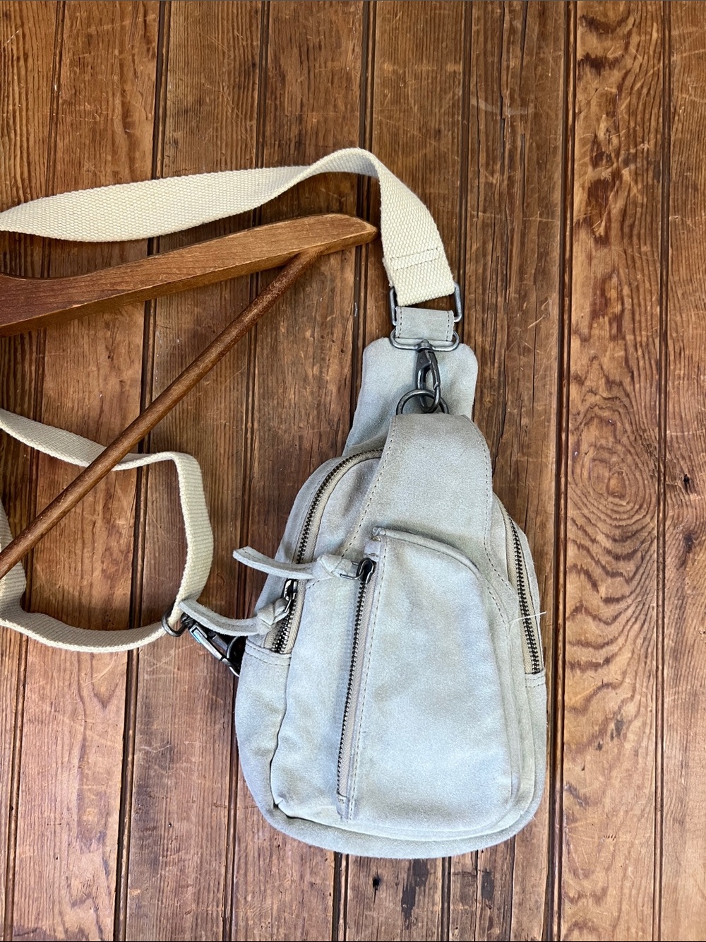 Free People leather suede Crossbody Sling Bag in Light Gray